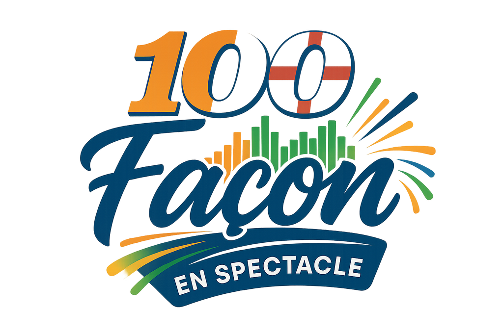 A modern, vibrant logo for 100 Façon en Spectacle. Bold typography with the number 100 styled in a sleek, energetic way. Incorporate subtle elements of the Ivorian flag (orange, white, green) and the English flag (red cross on white). The word Façon should be large, stylish, and dynamic, evoking music, performance, and energy. Add a sense of movement, like sound waves or stage lights, to reflect live music. Clean, professional design suitable for Shopify, with a transparent background.
