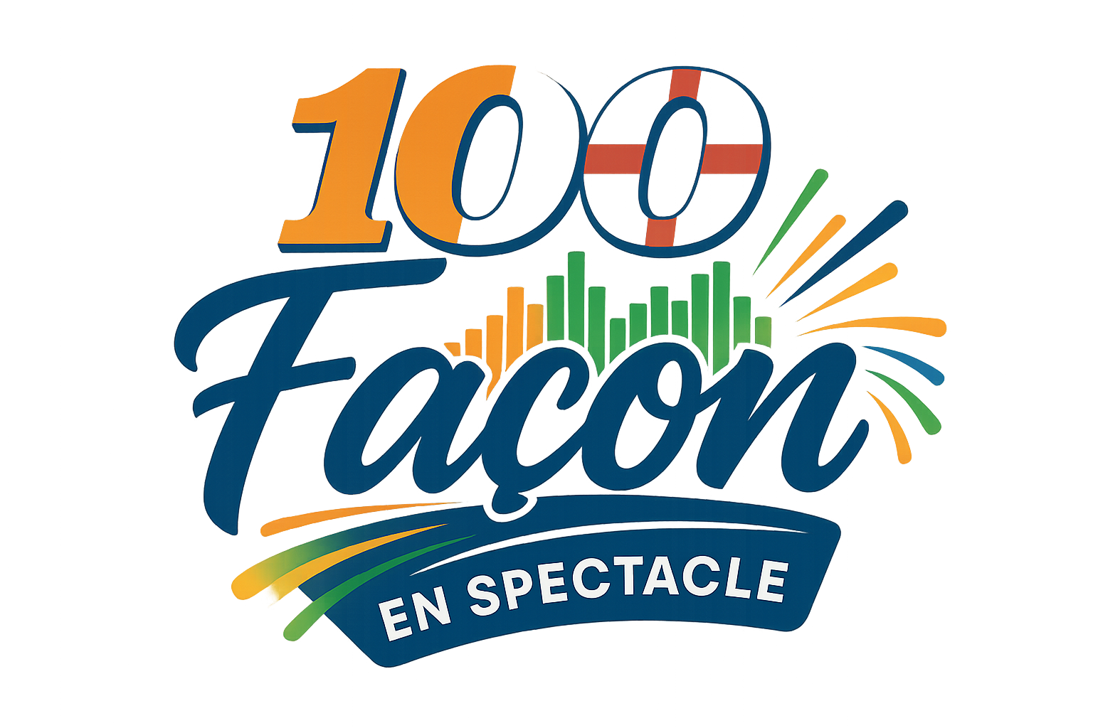A modern, vibrant logo for 100 Façon en Spectacle. Bold typography with the number 100 styled in a sleek, energetic way. Incorporate subtle elements of the Ivorian flag (orange, white, green) and the English flag (red cross on white). The word Façon should be large, stylish, and dynamic, evoking music, performance, and energy. Add a sense of movement, like sound waves or stage lights, to reflect live music. Clean, professional design suitable for Shopify, with a transparent background.
